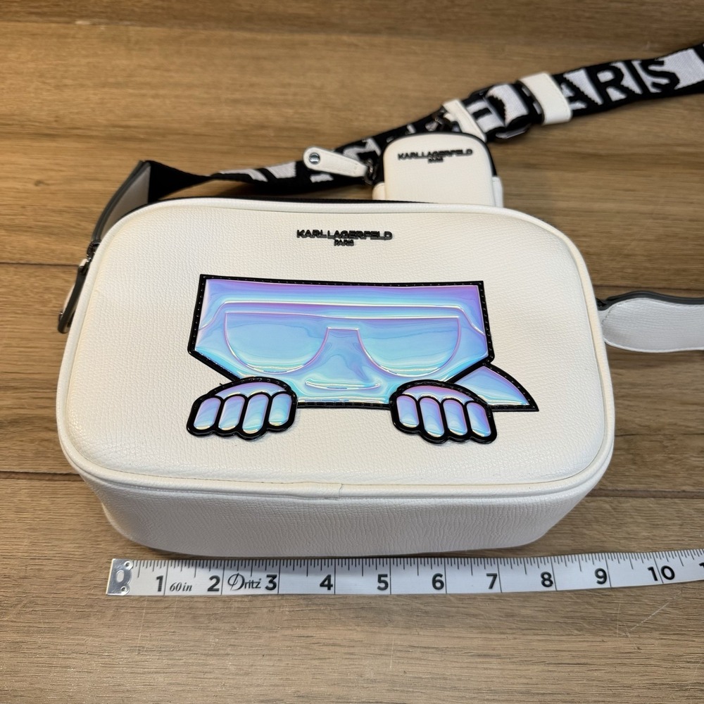 Karl Lagerfeld Maybelle Double Zip White Iridescent Crossbody Camera Bag Pouch - Picture 15 of 16